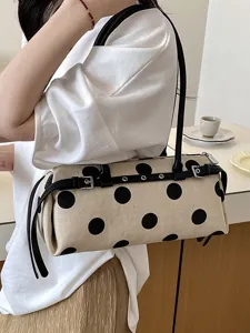 Modische gepunktete Canvas-Baguette-Schultertasche mit schickem schwarzen Lederriemen