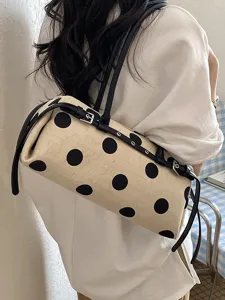 Elegante Schultertasche im französischen Stil aus gepunktetem Canvas mit Lederriemen