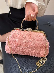 Women 3D Mesh Flower Evening Bag Rhinestone Shell Clutch Purse With Detachable Gold Metal Chain Strap For Wedding Party Banquet