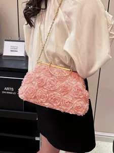 Elegant pink 3D flower evening clutch bag with rhinestone clasp and long gold chain