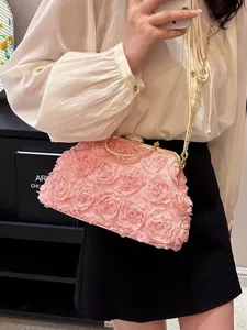Elegant pink 3D rose flower evening clutch bag with rhinestone clasp and gold chain