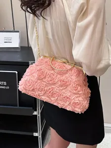 Elegant pink 3D flower mesh evening clutch bag with rhinestone clasp and gold chain