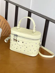 Women Korean Box Makeup Handbag Denim Blue PU Leather Rhinestone Crossbody Bag With Star Charm Small Commute Mobile Phone Bag