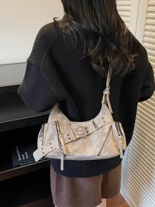 Vintage Moto Distressed PU Underarm Bag For Women Multi Zippers Buckle Belt Rivets Y2K Fashion Spice Girl Shoulder Crossbody Bag