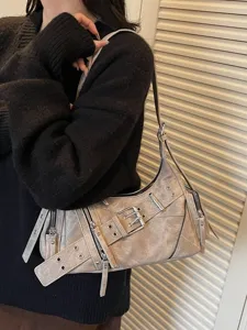 Vintage-style underarm motorcycle bag with silver buckle and zipper details for women