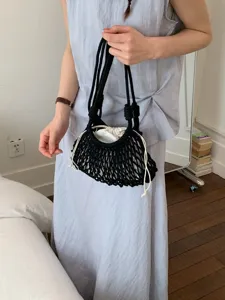 Sac Seau Tissé à la Main pour Femmes Coton Lin Filet Sac à Bandoulière Été Cordon de Serrage Pochette Intérieure Sac de Plage