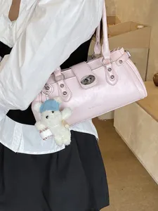 Vintage hellrosa Baguette-Schultertasche aus Kunstleder mit silbernem Schloss