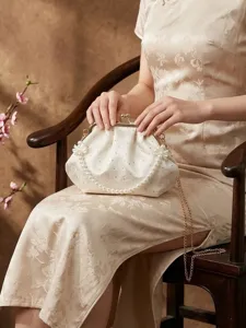 Bolso de Noche Vintage de Concha Bordada para Mujer Strass Asa de Perla Artificial Bolso Bandolera para Boda Fiesta