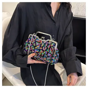 Detailed view of colorful sequin shell bag with silver clasp and chain strap
