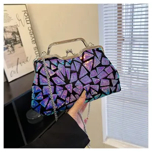 Detailed view of a purple sequin patchwork evening clutch bag with a metal chain strap