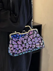 Women Sequin Patchwork Evening Bag Geometric Mosaic Shell Shoulder Bag With Chain Strap Vintage Kiss Lock Banquet Party Small Square Clutch