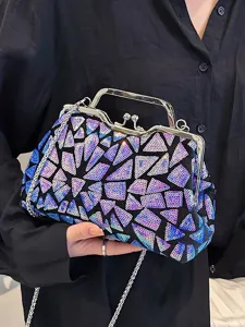 Elegant sequin patchwork evening clutch bag with metal clasp and silver chain strap