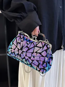 Elegant evening clutch featuring colorful iridescent sequins and a sleek silver chain strap