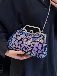 Stunning iridescent sequin evening clutch bag with a sleek silver chain and metal handle.