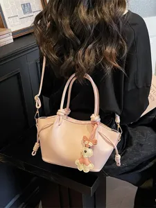 Nischendesign Einfarbig PU Leder Eimertasche für Damen Frühling Pendeln Kleine Tragetasche mit Hundeanhänger Schulterhandtasche