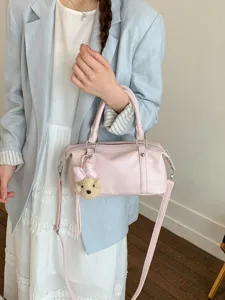 Sac Oreiller Boston en Cuir PU pour Femmes Été Petit Sac Fourre-Tout à Main Sac à Bandoulière Avec Pendentif Ours