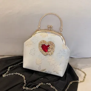 Barok Geborduurde Schelp Avondtas Vrouwen Vintage Bloemen Brokaat Crossbody Tas Luxe Metalen Ketting Schouder Handtas