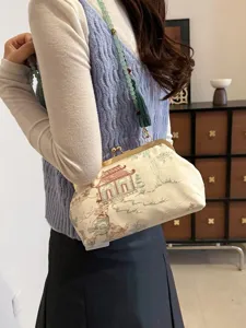 Borsa a Tracolla Ricamata Vintage Chiusura a Scatto in Pizzo Con Tracolla a Catena di Perline e Nappina per Donna Festa