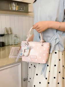 Damen Koreanische Punktemuster Eimertasche PU Leder Pendeln Handtasche Mit Seidenschal Schleife Und Musiknoten-Anhänger Schultertasche