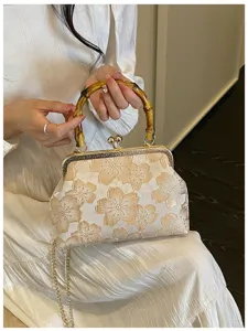 Elegant floral embroidery handbag with bamboo handle and gold chain strap for party