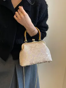 Women Floral Embroidered Canvas Shell Evening Bag Vintage Bamboo Handle Metal Kiss Lock Chain Crossbody Party Purse