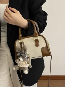 Women Korean Retro Contrast Color PU Leather Boston Bag Small Pillow Bag Handbag With Rabbit Pendant Crossbody Handheld Bag
