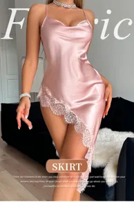 Close-up of pink satin nightgown with elegant white lace trim and side split detail