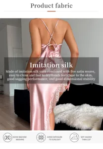 Pink imitation silk nightdress with lace trim and elegant cross-back detail shot
