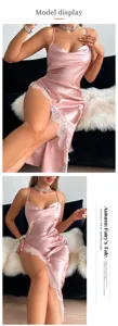 Elegant pink satin slip nightdress featuring delicate white lace trim and a sexy side slit.