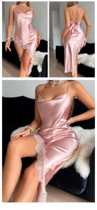 Detailed view of pink satin nightgown with lace trim and elegant open back design