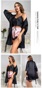 Detailed view of 3-piece silk pajama set featuring a black robe and pink lace shorts