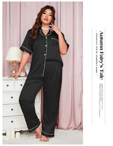 Elegant plus size black satin pajama set with contrast piping and comfy long pants