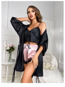 Elegant 3-piece black and pink silk satin sleepwear set with lace trim and matching robe.