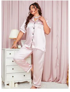 Elegant plus size pink satin pajama set with short sleeve top and long pants loungewear