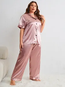 Plus size rose gold satin pajama set with short sleeve top and long pants loungewear