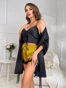 Elegant 3-piece silk pajama set with black camisole, yellow lace shorts and robe