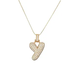 Hip hop gold-plated copper pendant necklace with letter Y and micro-paved zircons.