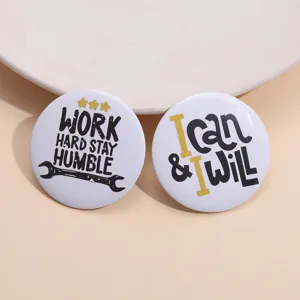 Set of two motivational English text tinplate badges for backpack decoration pins