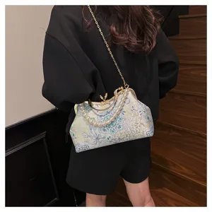 Sac de soirée brodé élégant avec poignée en perles et chaîne dorée, vue détaillée