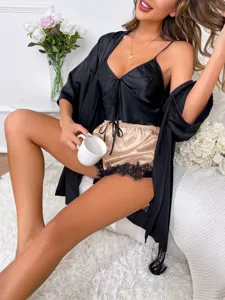 Elegant 3-piece satin sleepwear set for women featuring black camisole and lace shorts