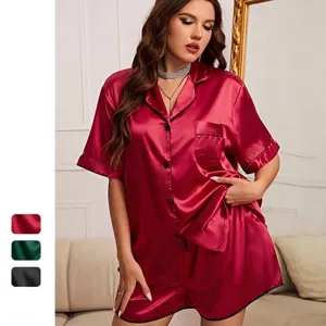 Women's burgundy silk satin oversized short sleeve pajama set with black piping
