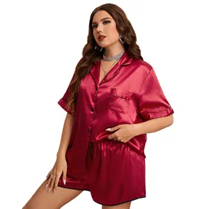 Elegant wine red plus size women's satin pajama set with short sleeves and shorts