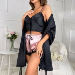 Elegant 3-piece women's satin loungewear set with camisole, lace shorts and robe