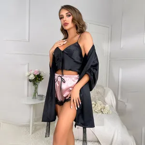 Elegant 3-piece women's black satin pajama set with pink lace shorts and fringe robe