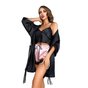 Sexy 3-piece satin pajama set for women including robe, camisole and lace shorts
