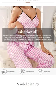 Detailed close-up of pink striped ice silk camisole and pants loungewear set on model