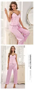 Elegant pink striped ice silk pajama set with camisole and long pants for women