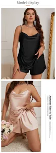 Detail view of silky satin camisole and shorts pajama set in black and rose gold.