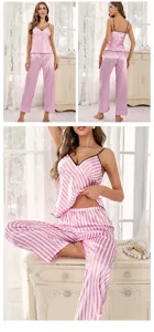 Multi-angle detail of pink striped satin pajama set featuring camisole and long pants