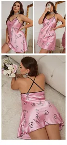 Detail views of pink satin heart print camisole nightdress with open back design